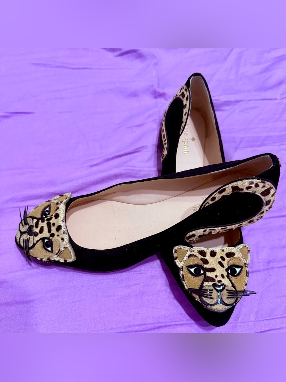 Kate Spade Black and Tan Leopard Appliqué Pointed Toe Flats